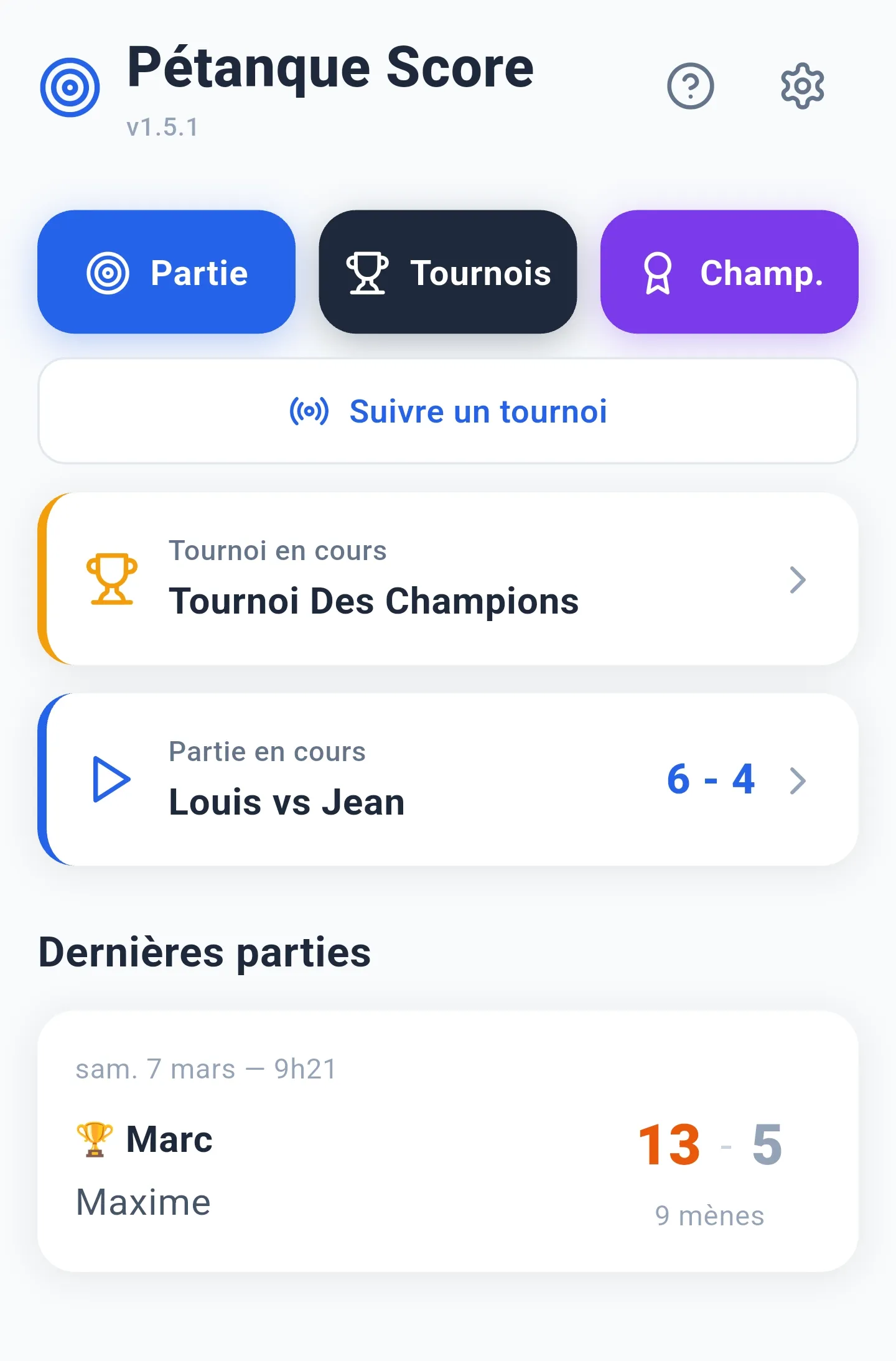 Interface mobile de l'application P&eacute;tanque Score